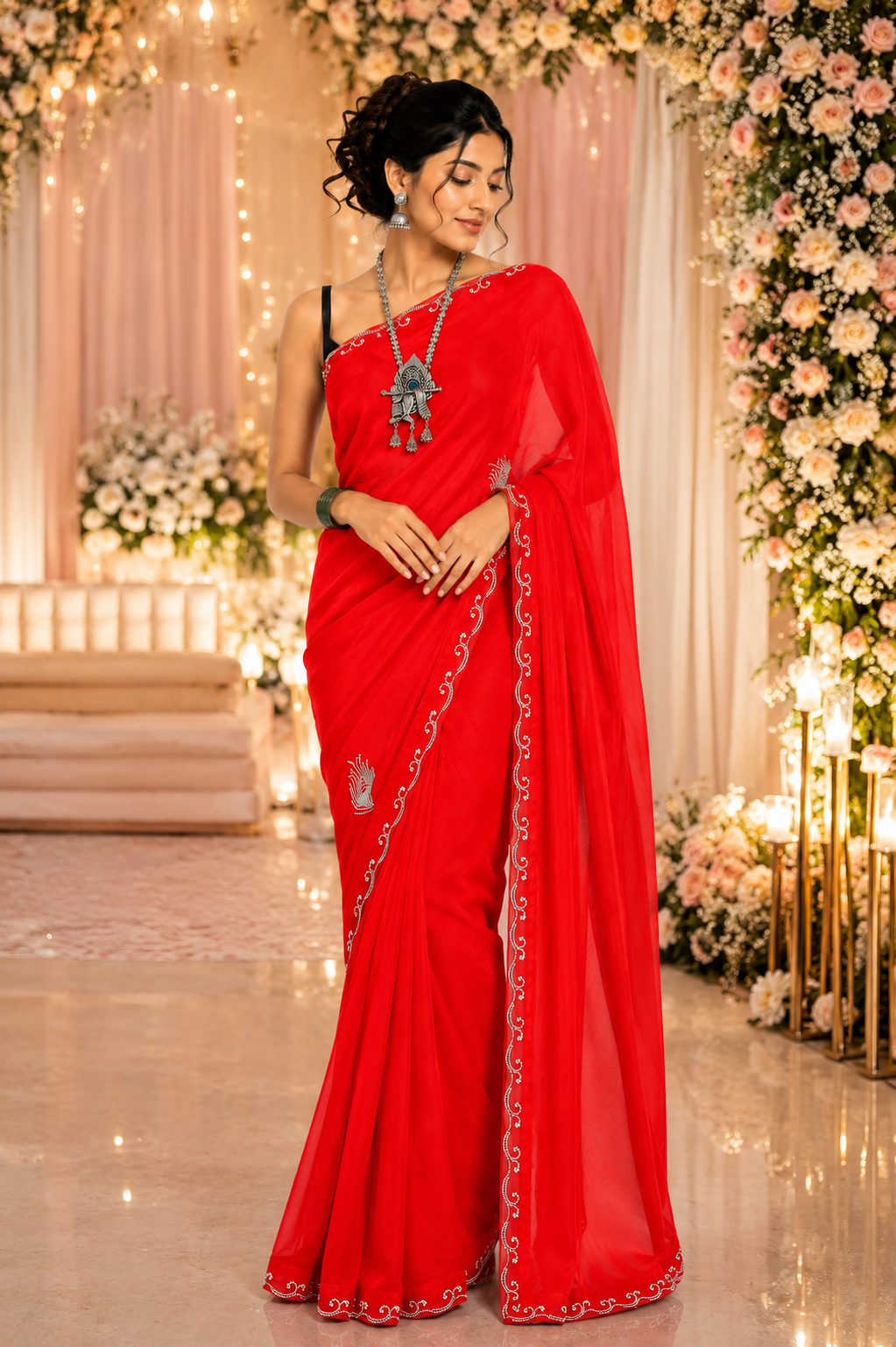 Red Morpankh Tissue Swarovski Saree