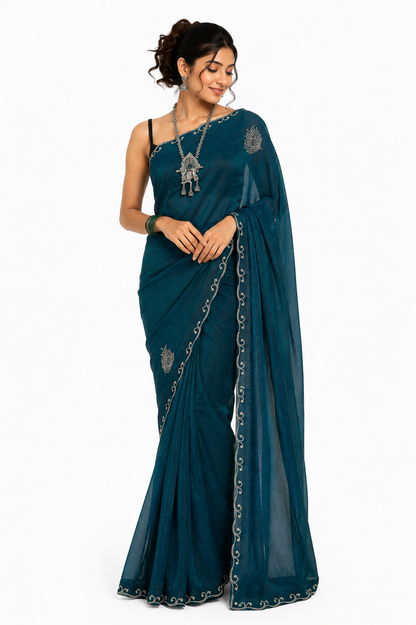 Blue Morpankh Tissue Swarovski Saree