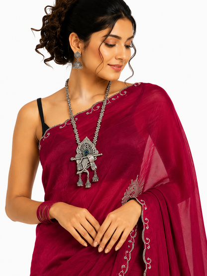 Magenta Morpankh Tissue Swarovski Saree