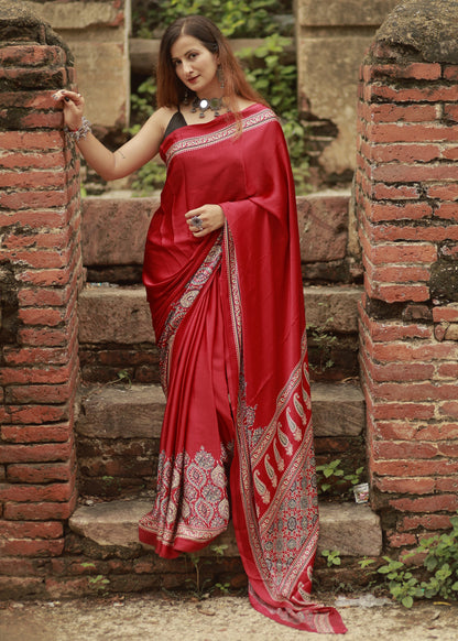Makhmali Ajrakh Border Saree
