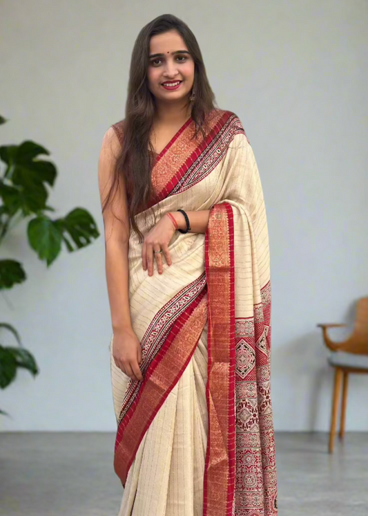 Zari border Soft Ajrakh Pallu Saree