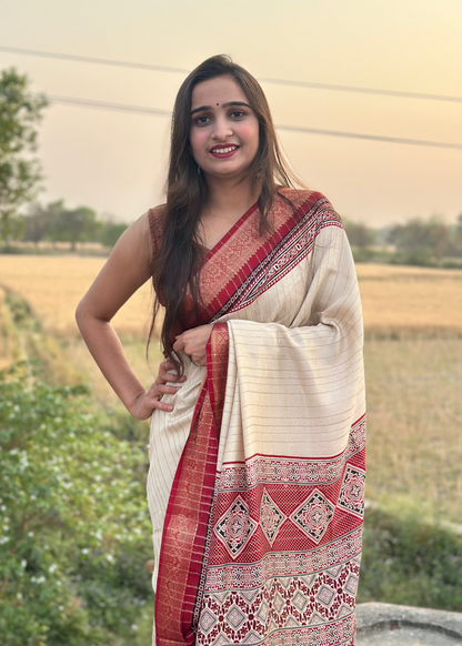 Zari border Soft Ajrakh Pallu Saree