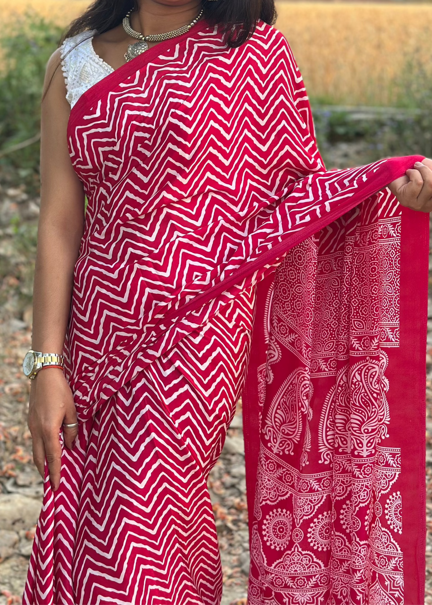 Lehariya Saree with Ajrakh Pallu