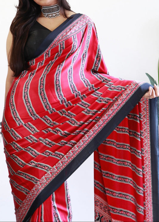 Chhadi Ajrakh Semi Modal Silk Saree