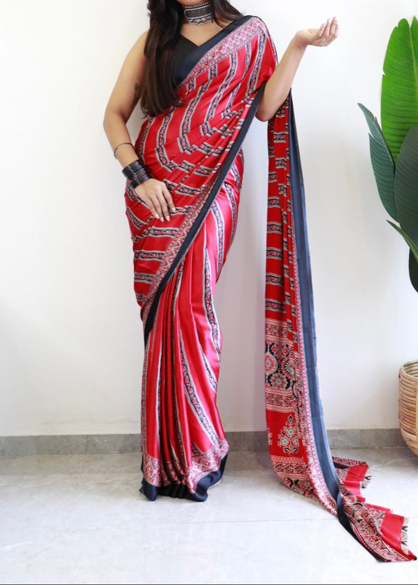 Chhadi Ajrakh Semi Modal Silk Saree