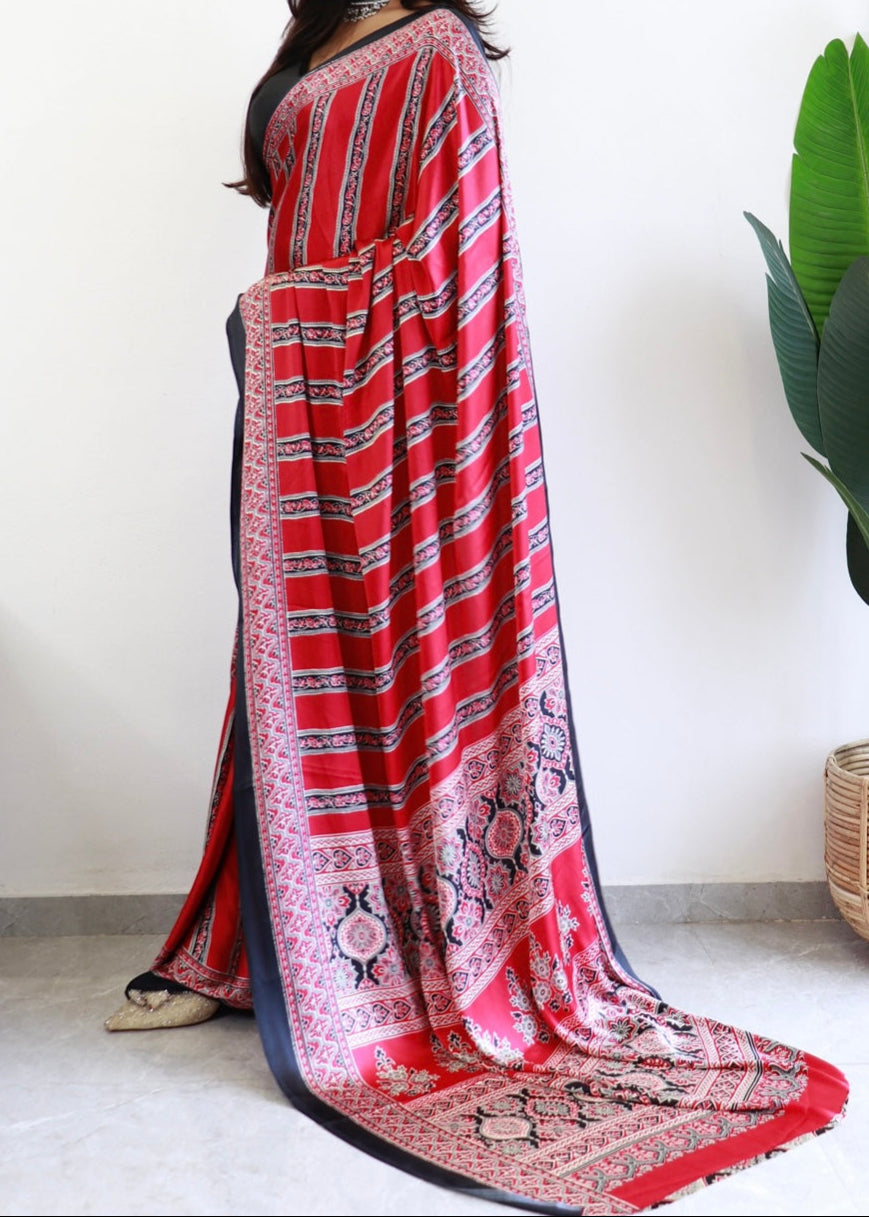 Chhadi Ajrakh Semi Modal Silk Saree