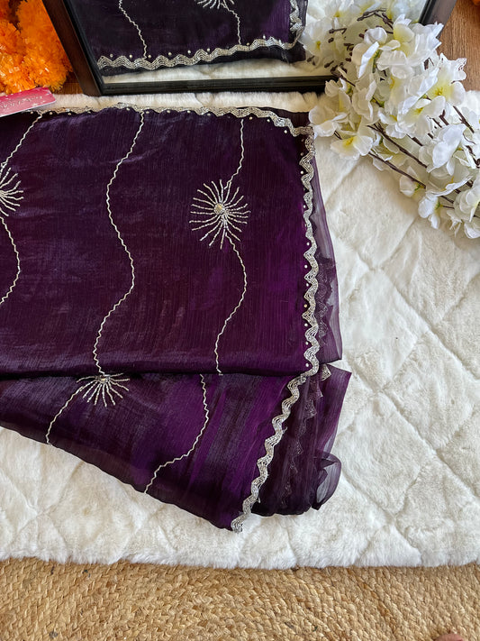 Sunshine Hand Embroidered Purple JC Saree