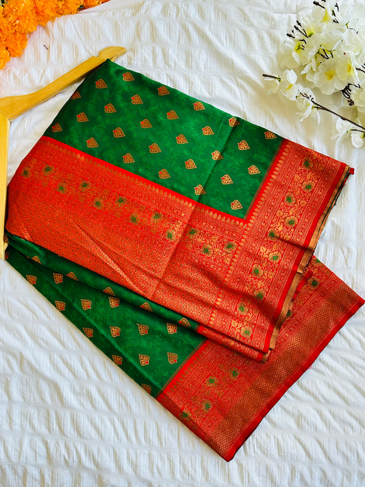 Green Banarasi Saree Red Pallu & Border