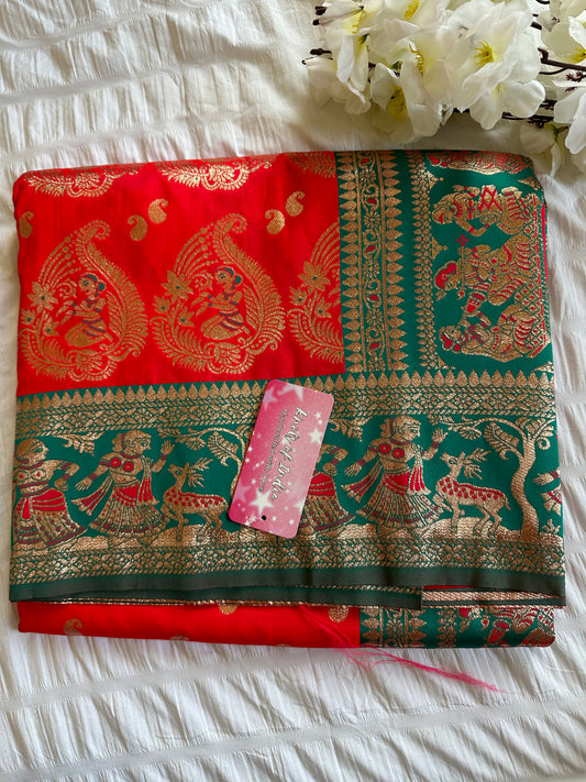 Red Banarasi Saree Green Pallu & Border