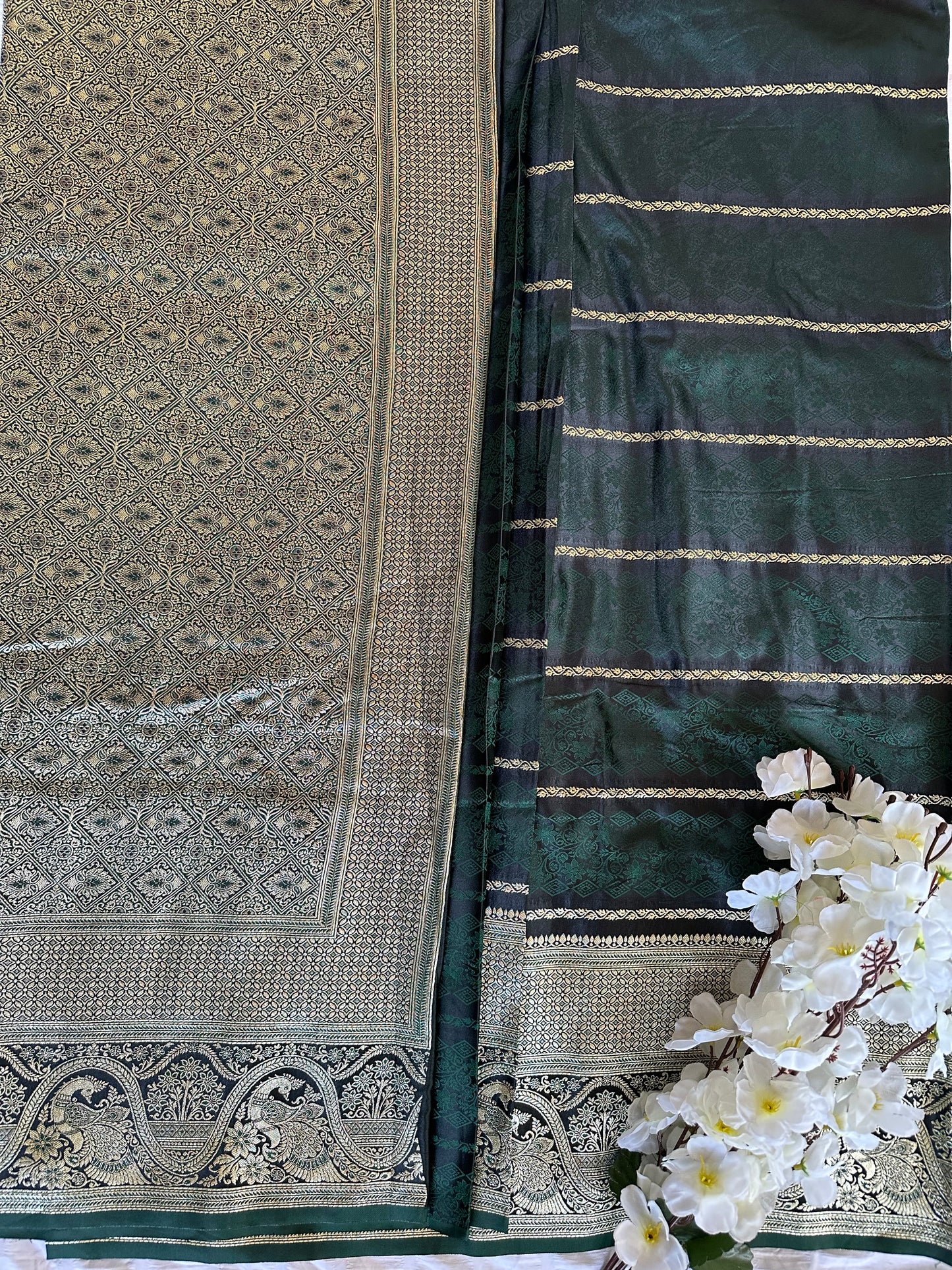 Dark Green Banarasi Soft Silk Saree with Golden Zari Work