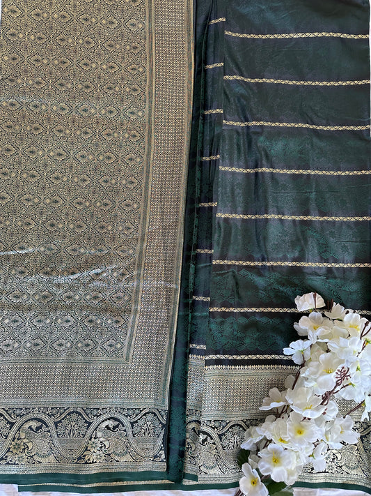 Dark Green Banarasi Soft Silk Saree with Golden Zari Work