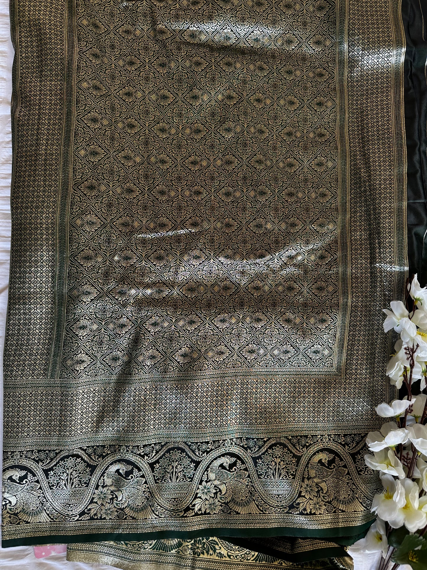 Dark Green Banarasi Soft Silk Saree with Golden Zari Work
