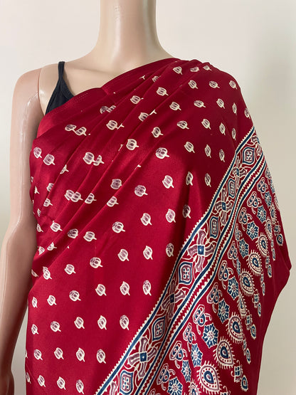 Ajrakh Pallu Booti Print Crepe Saree