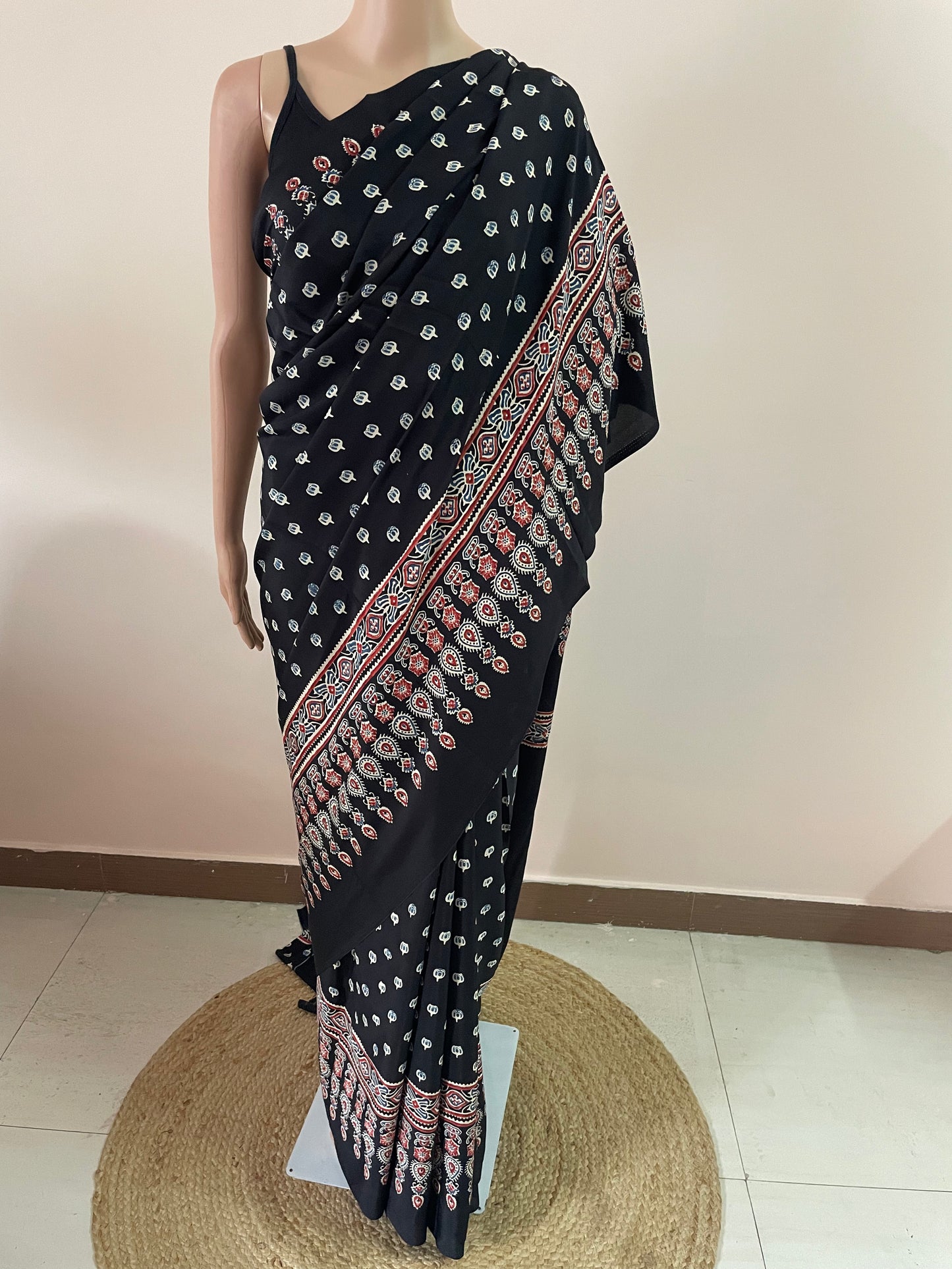 Ajrakh Pallu Booti Print Crepe Saree