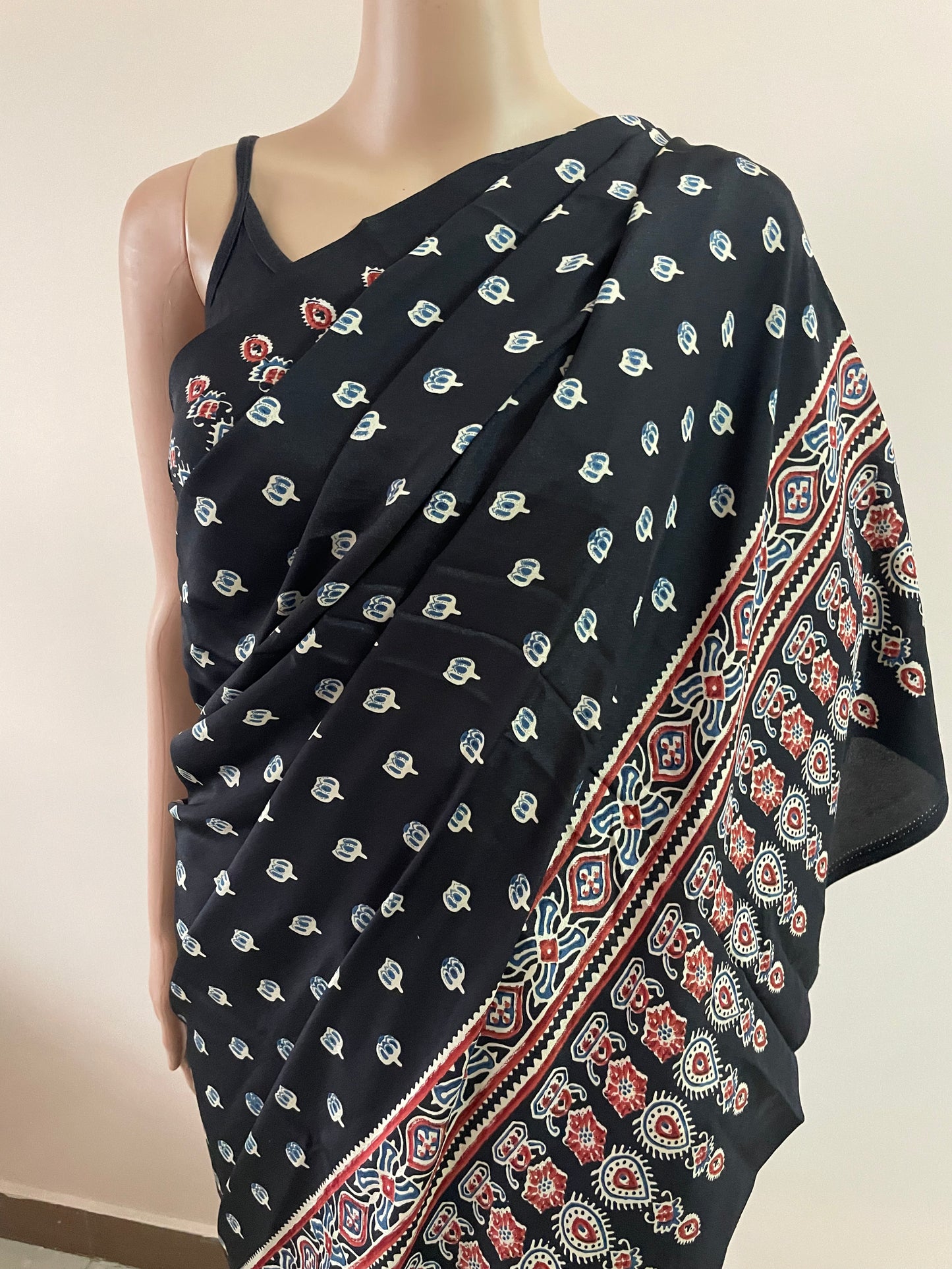 Ajrakh Pallu Booti Print Crepe Saree