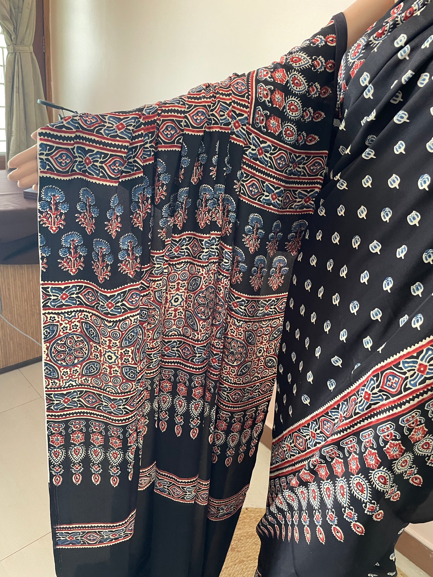 Ajrakh Pallu Booti Print Crepe Saree