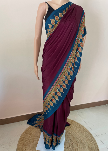 Ajrakh Pallu Plain Crepe Saree