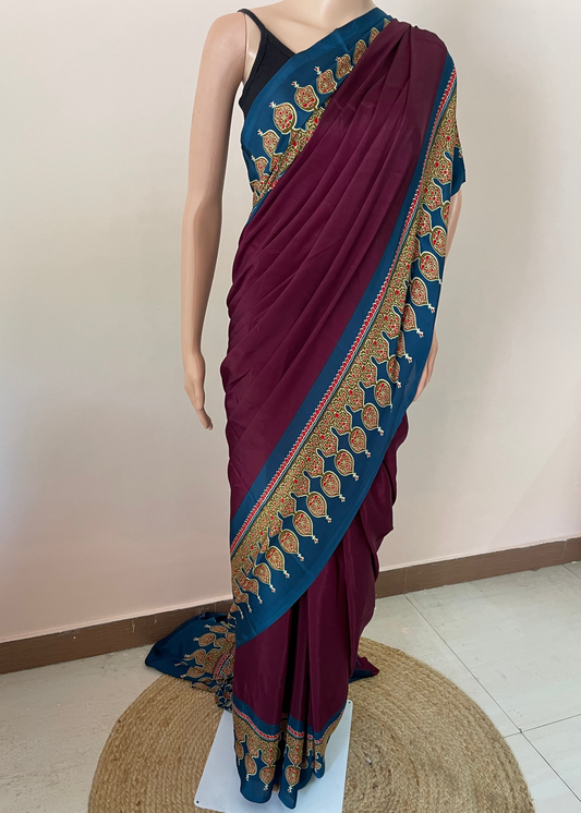 Ajrakh Pallu Plain Crepe Saree