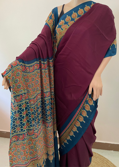 Ajrakh Pallu Plain Crepe Saree