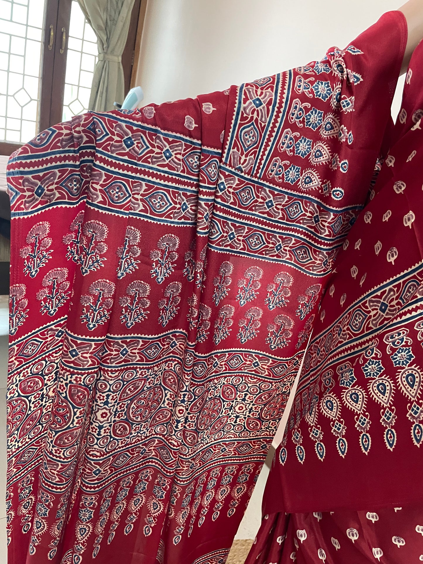 Ajrakh Pallu Booti Print Crepe Saree