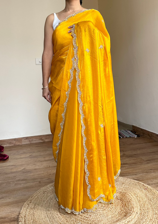 Yellow Mahi Party Wear Tissue Saree