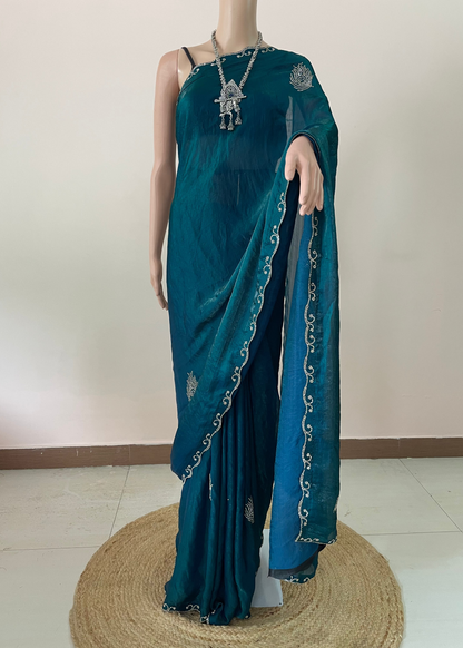 Blue Morpankh Tissue Swarovski Saree