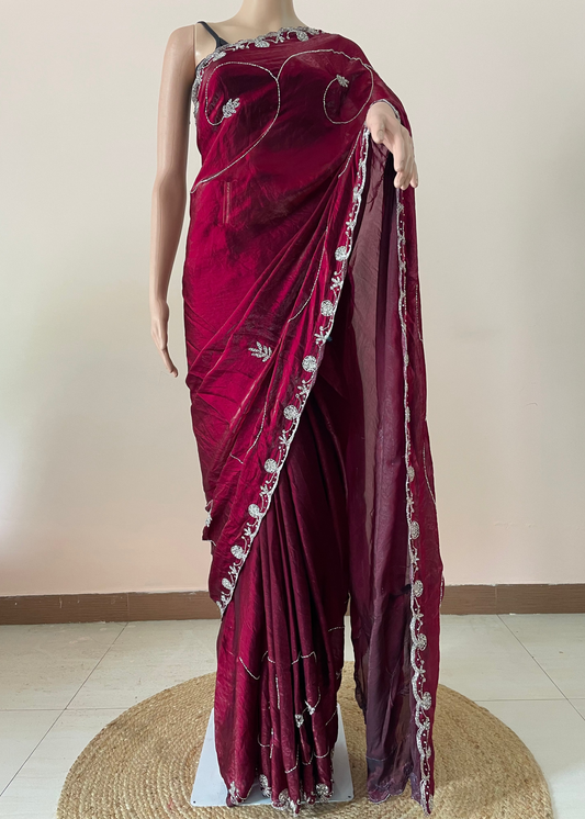 Rani Tissue Embroidered Saree