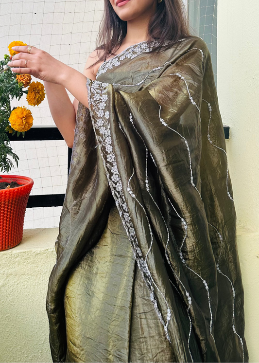 Mehandi Green Hand Emb Tissue Saree