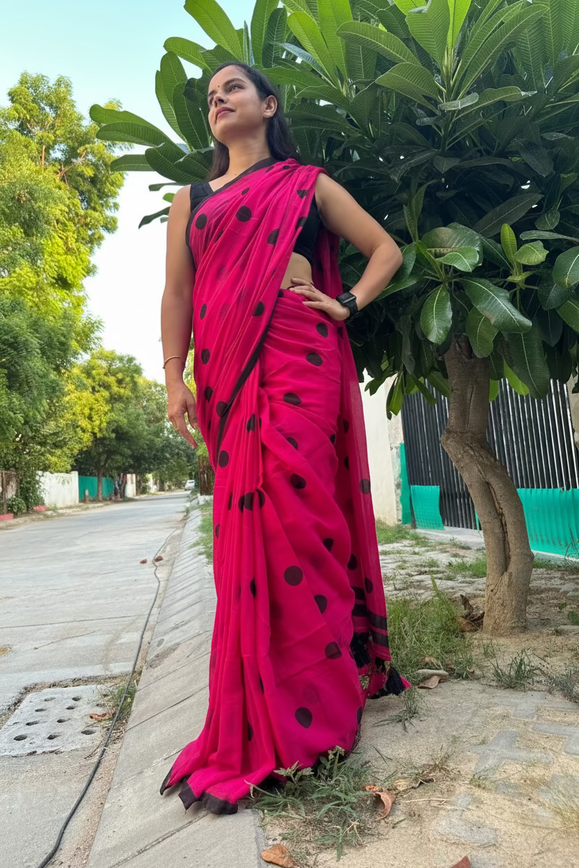 Rani Pink Manjari Polka Mul Saree
