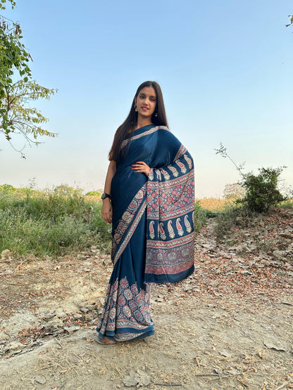 Makhmali Ajrakh Border Saree