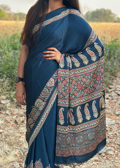 Makhmali Ajrakh Border Saree