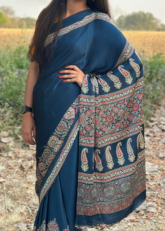 Makhmali Ajrakh Border Saree