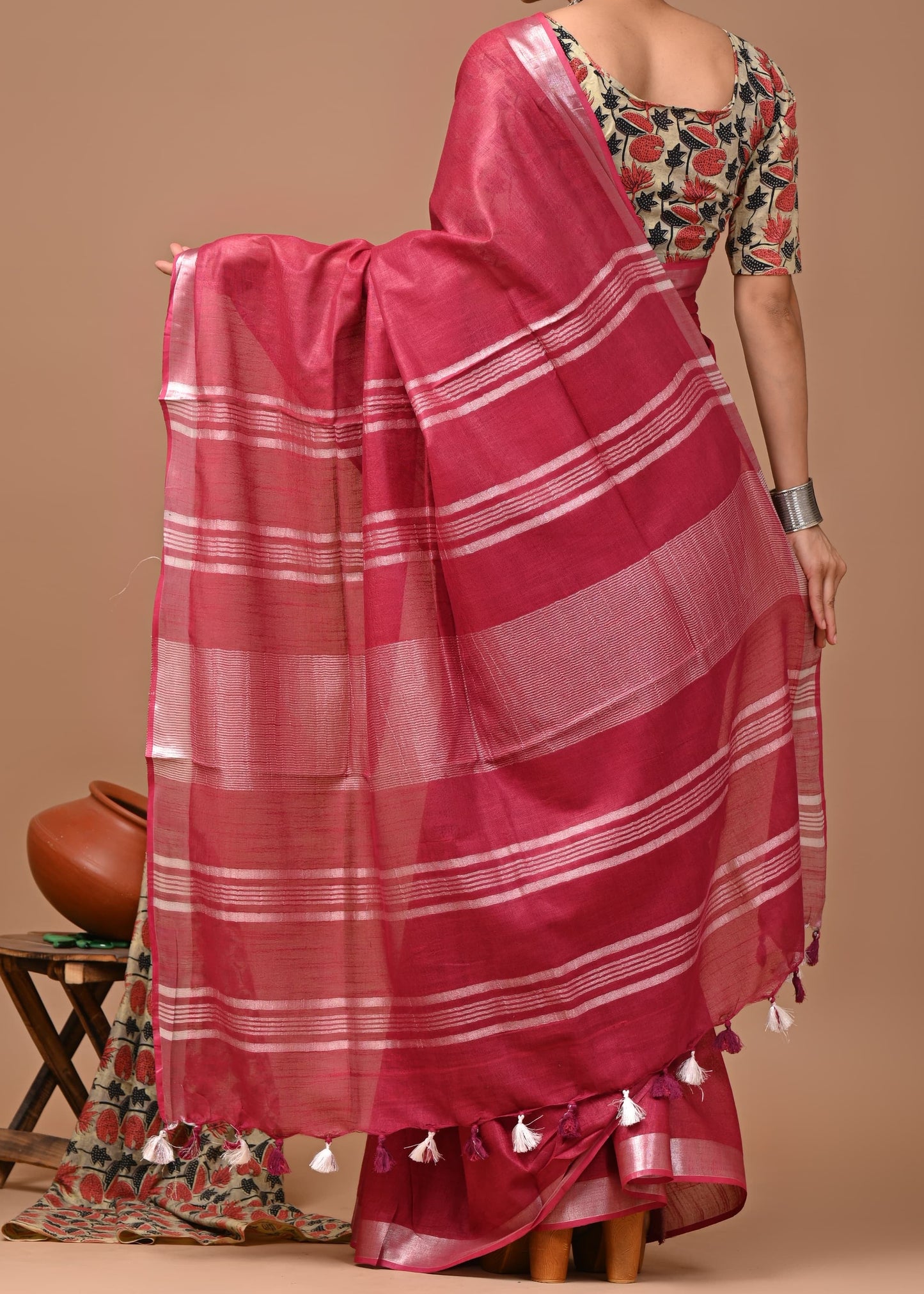 Peachish Pink Meera Linen Cotton Saree