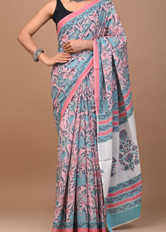 Phoolvari Handblock Mul Cotton Saree