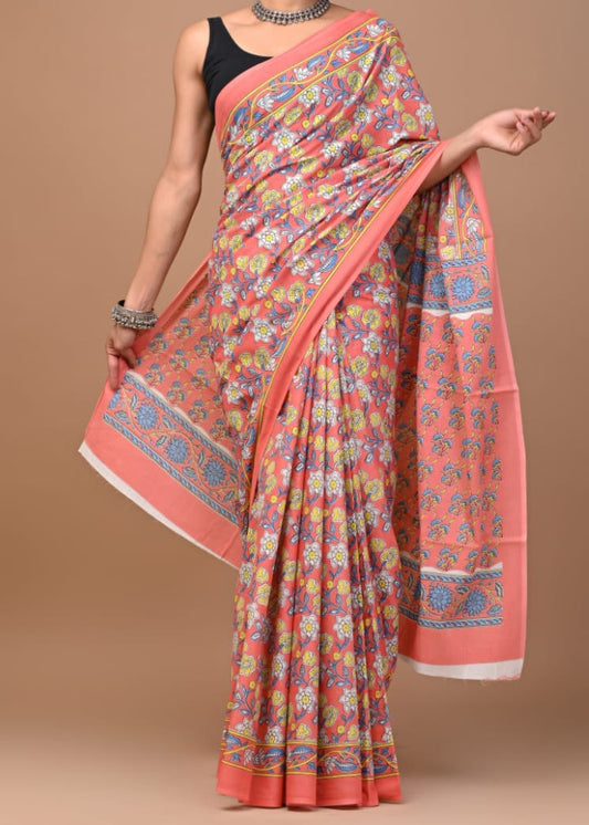 Handblock Printed Mul Cotton Saree
