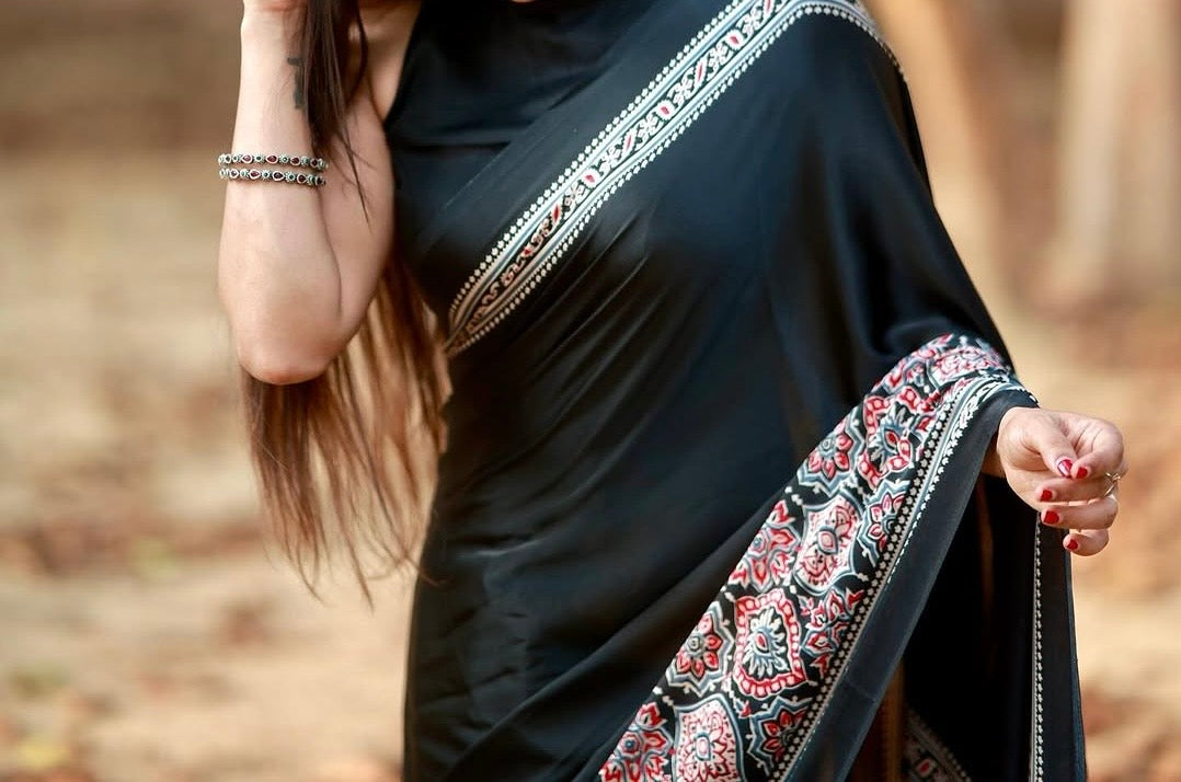 Black Makhmali Ajrakh Border Saree