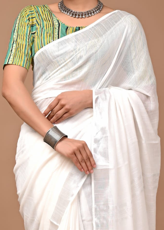 White Meera Linen Cotton Saree