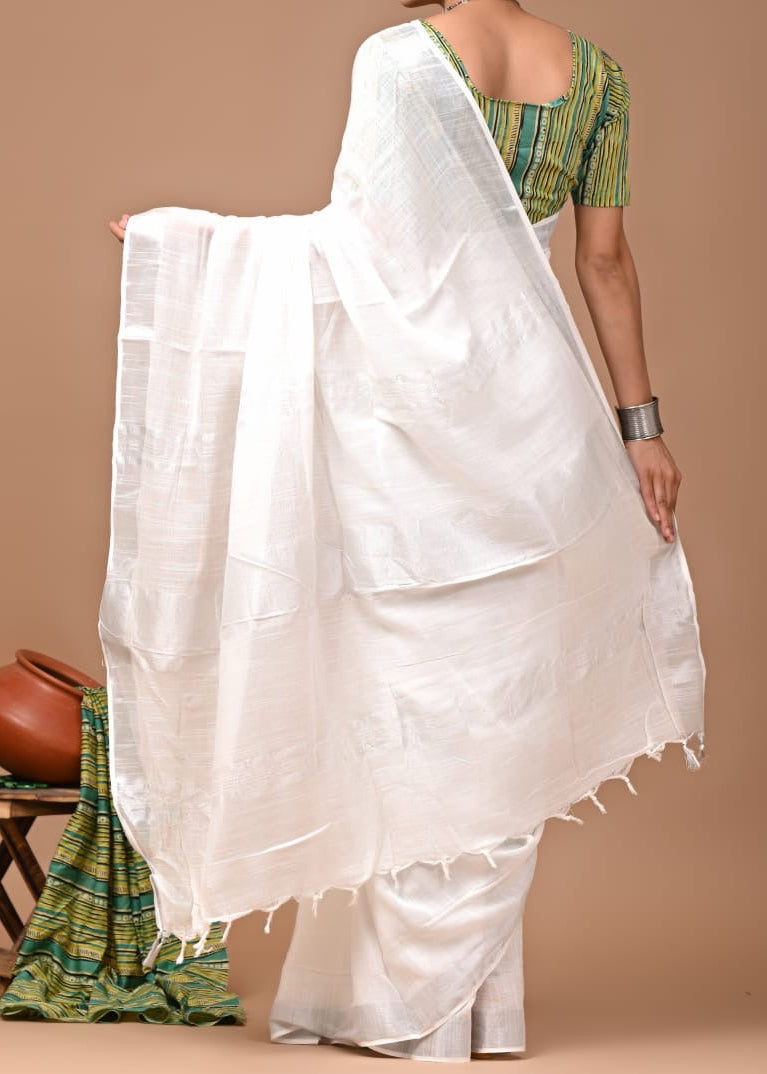 White Meera Linen Cotton Saree