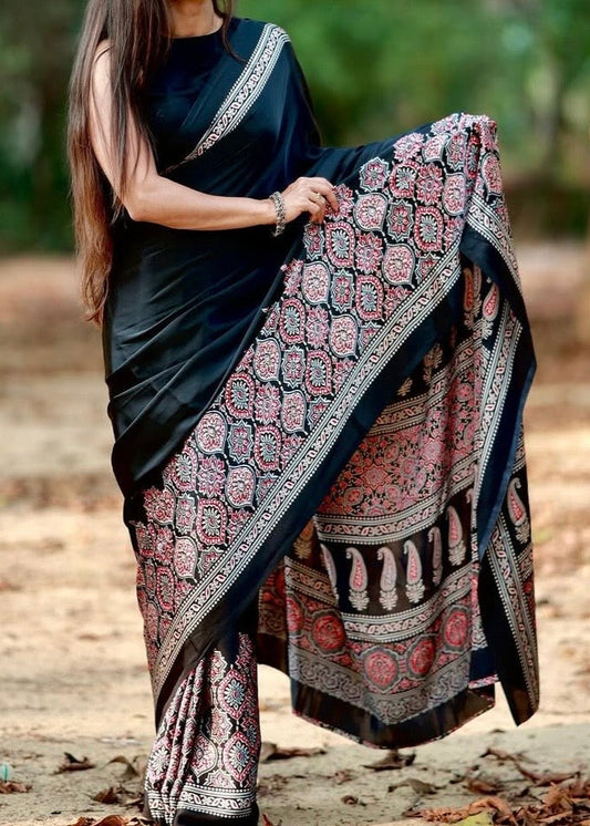 Black Makhmali Ajrakh Border Saree